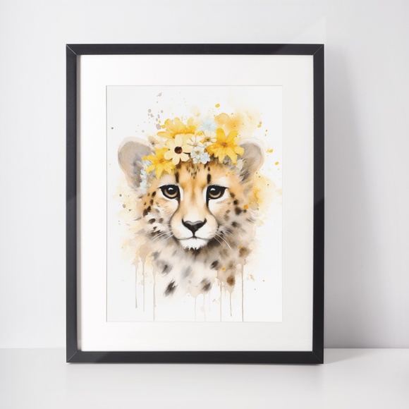 Cute Floral Cheetah Watercolor Wall Art Illustration Print Poster Card Unframed - Picture 2 of 7